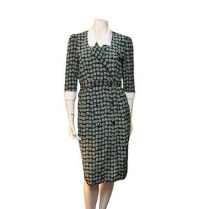 Vintage 80s Liz Roberts Petites Green Blue Printed Double Breasted Dress Size 8